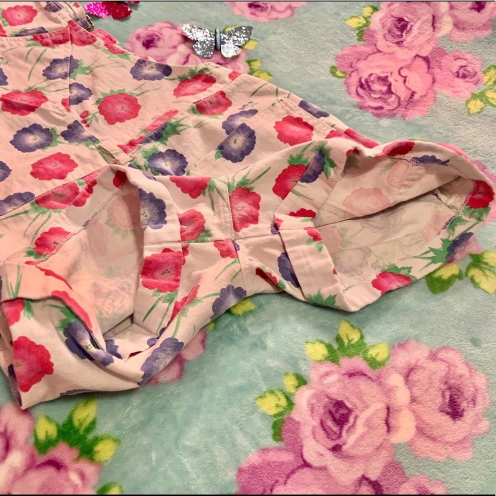 Vtg 90’s White Denim Overalls Pink Purple Flowers - Picture 6 of 9